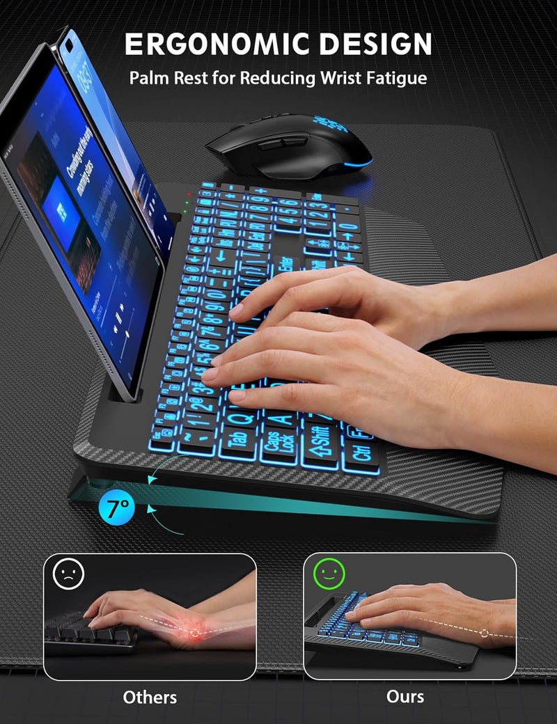 SABLUTE Wireless Keyboard and Mouse Backlits, Wrist Rest, LED Mouse, Rechargeable Ergonomic Keyboard with Phone Holder, Silent Light Up Combo for Computer, Mac, PC, Laptop, Chromebook (Black Large Print) - Image 3